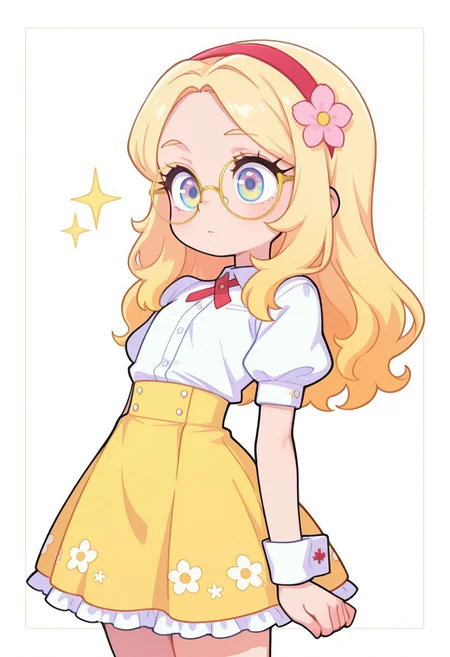 incredibly_absurdres, amazing_background, best quality, pastel_colors, bright_colors, colorful, soft_colors, chibi, star_(symbol), sparkle, white border, 1girl, blonde_hair, blue_eyes,  cowboy_shot, cross_tie, expressionless, eyewear_strap, flat_chest, floral_print, flower, frilled_skirt, frills, from_side, glasses, hair_flower, hair_ornament, hairband, long_hair,  puffy_short_sleeves, puffy_sleeves, red_cross_tie, red_hairband, round_eyewear, shirt, shirt_tucked_in, short_sleeves, simple_background, skirt, solo, uncensored, white_background, white_shirt, white_wrist_cuffs, wrist_cuffs, yellow-framed_eyewear, yellow_skirt, kawaii_babes_style, SNRA-illu