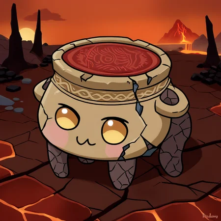 score_9, score_8_up, score_7_up BREAK source_cartoon, <lora:Doro_X_PDXL_V1:0.9> [doro, creature, :3, chibi, four legs, all fours, solid circle eyes, no pupils::0.6], brown skin, cracked skin, <lora:ifalexander:1> RythIFAlexanderPony, Alexander \(Elden Ring\), pot guy, outdoors, lava
