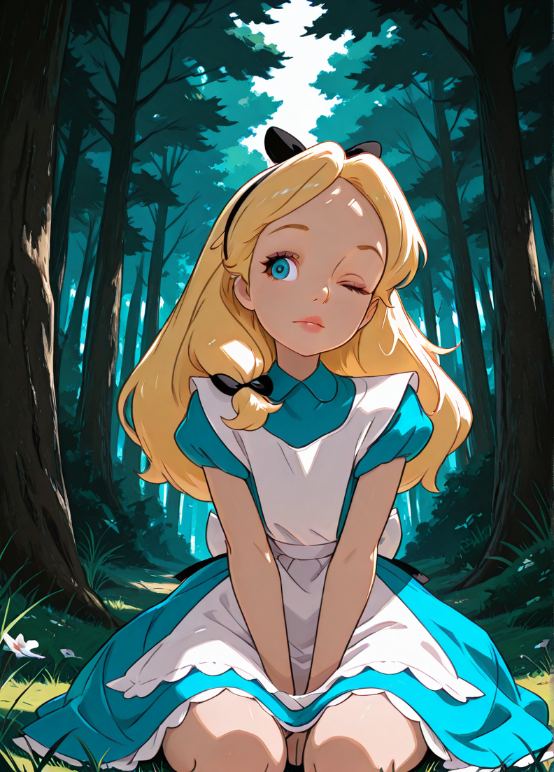 masterpiece, best quality, amazing quality, very aesthetic, absurdres, newest, 4k, 8k, dynamic angle, official style, (jaggy lines, sugimorixd:1.2), outdoors, forest, flowers, grass, sitting, looking at viewer,
alicexd, 1girl, solo, blonde hair, long hair, hairbow, blue dress, white apron, bow, white thighs, lips, blue eyes, 
one eye closed,
<lora:Expression_Detailer_Illustrious_Lora:0.85>, <lora:sugimoi:1>,  <lora:Alice_-_Disney_Illustrious:1>