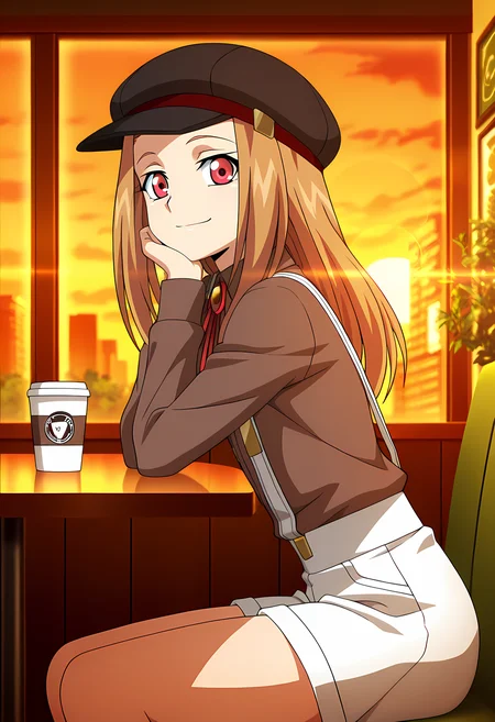 masterpiece,best quality,amazing quality,
solo, face focus,
Noa Hoshizaki (Cardfight Vanguard), long hair, brown hair,
red eyes, cabbie hat, black headwear, brown shirt, collared shirt, neck ribbon, red ribbon, long sleeves, white shorts, suspenders, suspender shorts,
Looking at viewer, big smile, from side,
cinematic, upper body, coffee cup,
Sit, sitting, glass, sci-fi city, cafe, greenery,
afternoon, sunset,
Lens flare, bloom,
Official style, anime screencap, anime coloring,