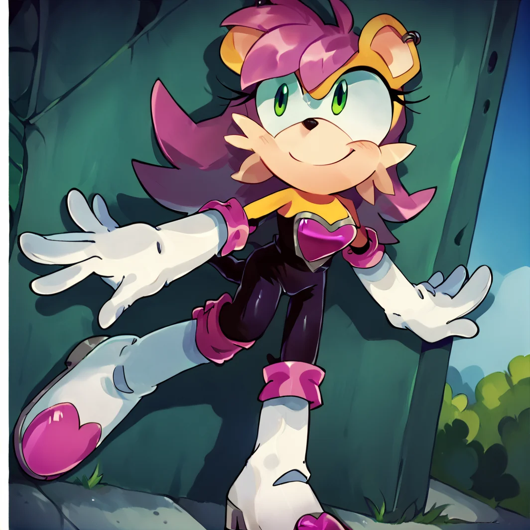 score_9, score_8_up, score_7_up, score_6_up, score_5_up, score_4_up, mina mongoose, <lora:Minamongoose:1>, yellow fur, green eyes, earrings, smile, outside, <lora:Rougecosplay:1>, rougecosplay, 1girl, solo, bodysuit, elbow gloves, white gloves, thigh boots, bare shoulders, purple hair, long hair,