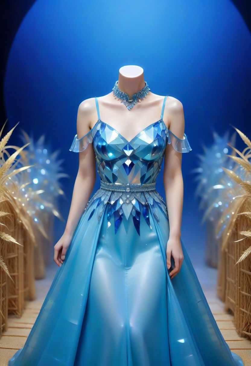 (blue cs-cr1stal-v2)) ,(made of straw), PonyScores, available light, in spring, dusk, sunset, shy, posing, stylish_pose, 4n1v3rs3, mannequin, crystal body, front view, scarce background, looking_at_viewer, dynamic_angle, masterpiece, (night, closeup), (face focus), leather choker, beautiful makeup, long dress, dress made of(blue cs-cr1stal-v2)) , ball gown, ball gown made of straw, (((dancing))), ,cs-cr1stal-v2, withnstump, headless