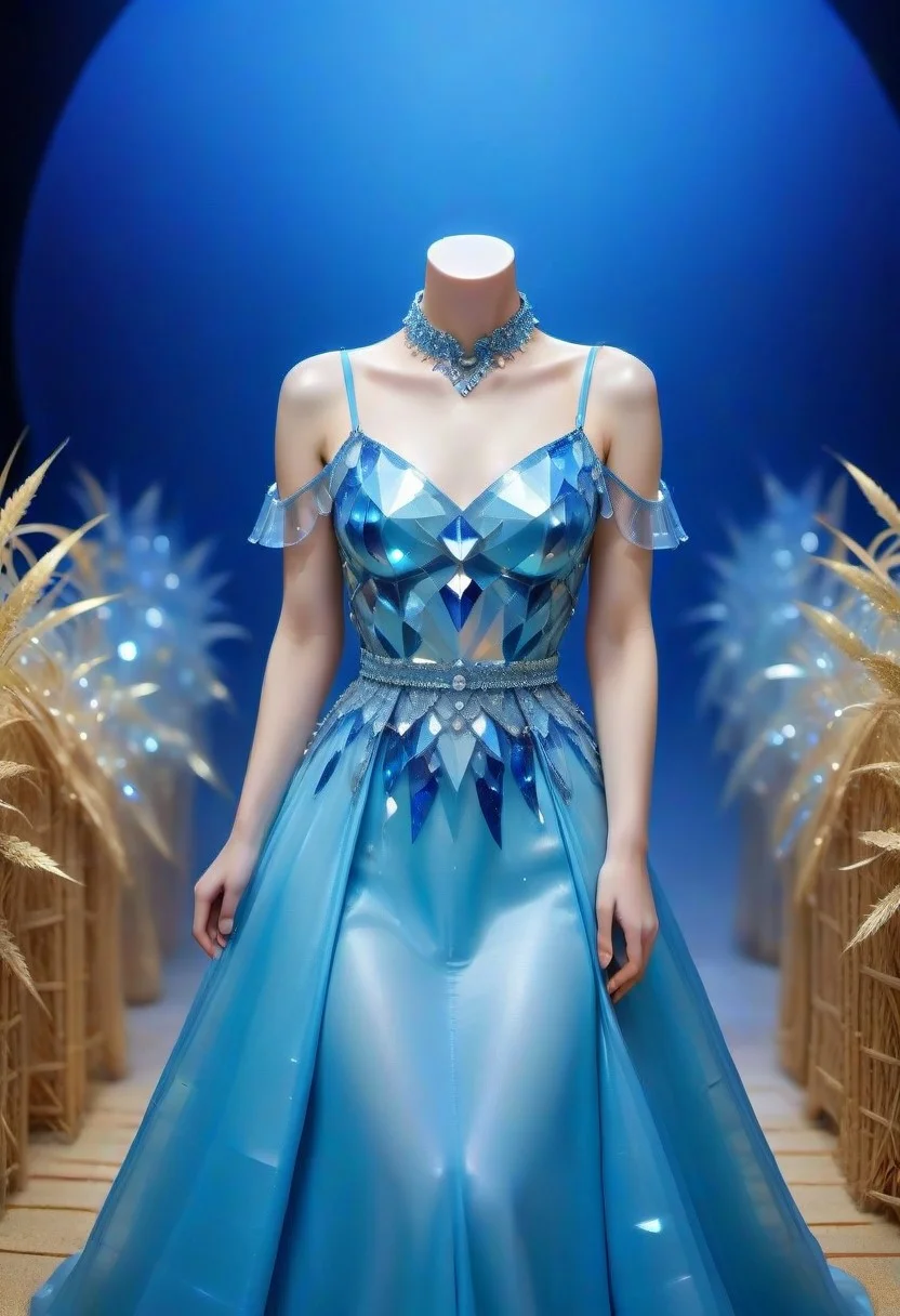 (blue cs-cr1stal-v2)) ,(made of straw), PonyScores, available light, in spring, dusk, sunset, shy, posing, stylish_pose, 4n1v3rs3, mannequin, crystal body, front view, scarce background, looking_at_viewer, dynamic_angle, masterpiece, (night, closeup), (face focus), leather choker, beautiful makeup, long dress, dress made of(blue cs-cr1stal-v2)) , ball gown, ball gown made of straw, (((dancing))), ,cs-cr1stal-v2, withnstump, headless
