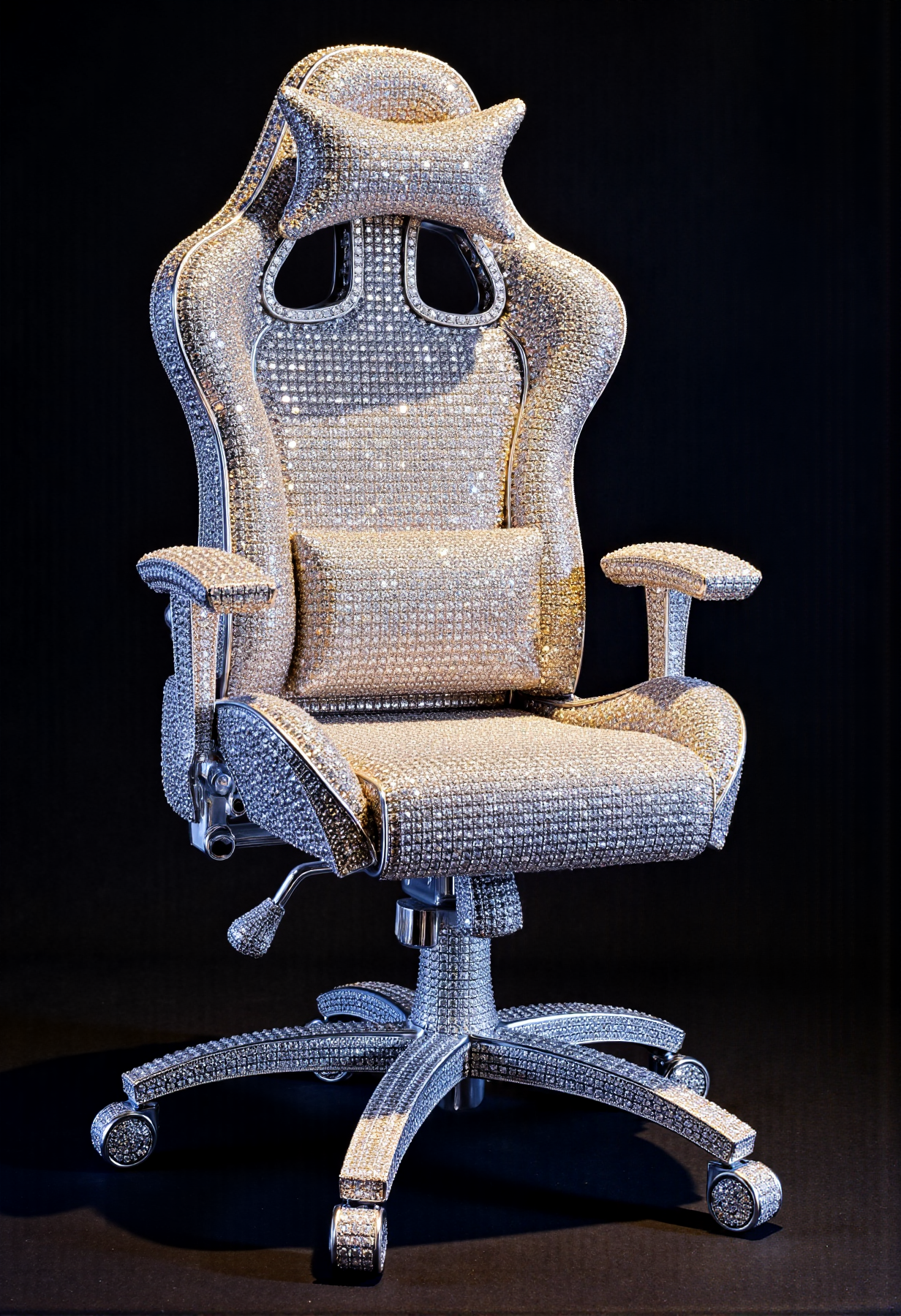 ck-iced-out-jewelz. semifront rich gaming chair made from jewels. all surfaces covered jewels. jewels are shine in the rays of light. simple dark background. bokeh. best quality, stunning detail. Product photo. studio light
