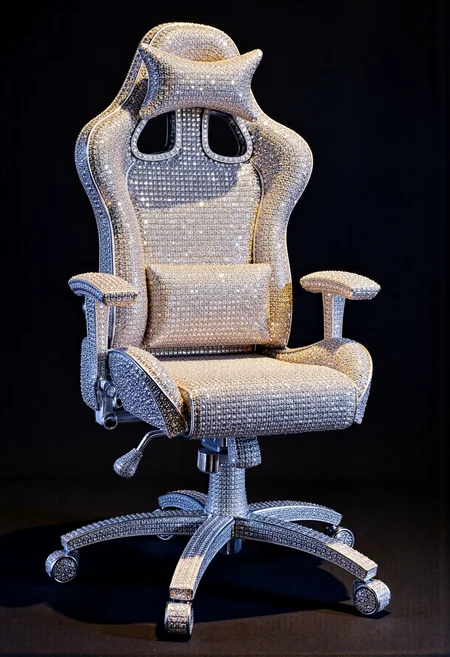 ck-iced-out-jewelz. semifront rich gaming chair made from jewels. all surfaces covered jewels. jewels are shine in the rays of light. simple dark background. bokeh. best quality, stunning detail. Product photo. studio light