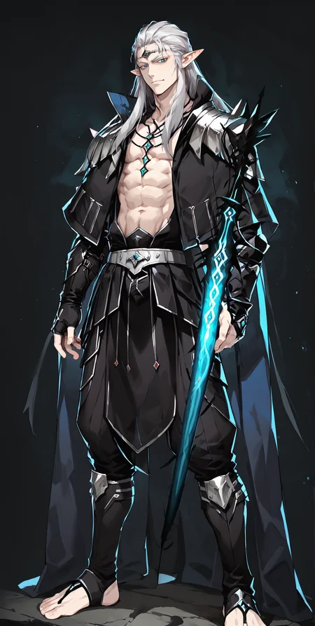 drukhari, score_9_up, score_8_up, score_7_up, score_6_up, solo, 1boy, zPDXLxxx, rating_explicit, male elf, brieg, devious smirk, lanky, sharp face, narrow face, white hair, long hair, masculine, blue eyes, full body, huge black and blue sword, barefoot, black clothing with silver accents, circlet, open shirt, abs, pectorals, pale white skin, pointy ears, dark fantasy art, grimdark, best_quality, masterpiece, dark cold color scheme, valorant style, dvs, head down, Drukhari, spiked armor, dark armor, Drukhari armor, aeldari <lora:sxz-valorant-smol-v2-pdxl:0.2> <lora:Concept Art DarkSide Style LoRA_Pony XL v6:0.9> <lora:Brieg_-_Epic_Seven:0.8>