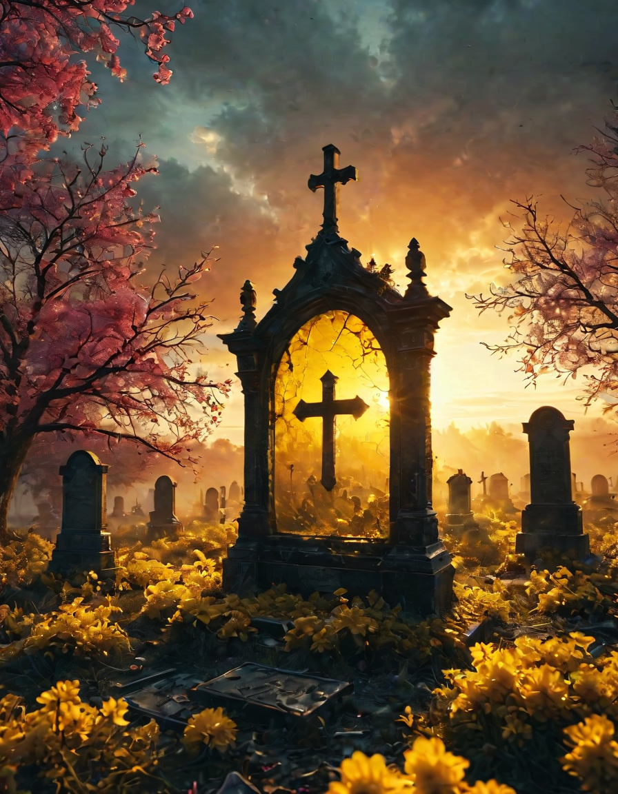 landscape of a Romantic Black and Yellow (Stanley:1.3) from inside of a Forgotten graveyard, space, at Golden hour, Relaxed, (deep pink theme:0.7) , <lora:sdxl_lightning_8step_lora:1>, <lora:ral-milkyglass:0.95> made out of ral-milkyglass, luxurious sharp focus, complex artistic color composition, highly detail, flowing, delicate, intense, gorgeous, dynamic dramatic beautiful full taking