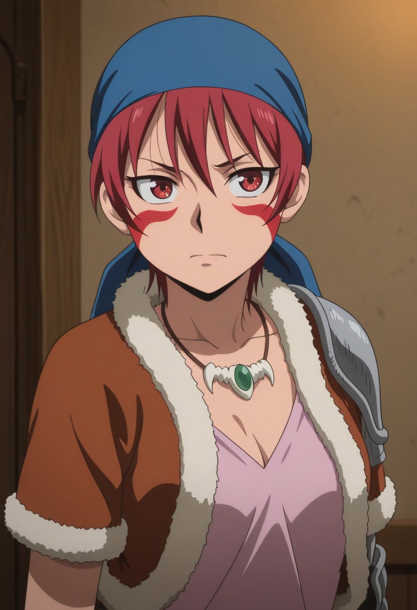 masterpiece,best quality,amazing quality, source_anime, 
alfarid, 1girl, solo, facepaint, red eyes, red hair, blue bandana, necklace, pink shirt, brown jacket, fur trim, shoulder armor,
