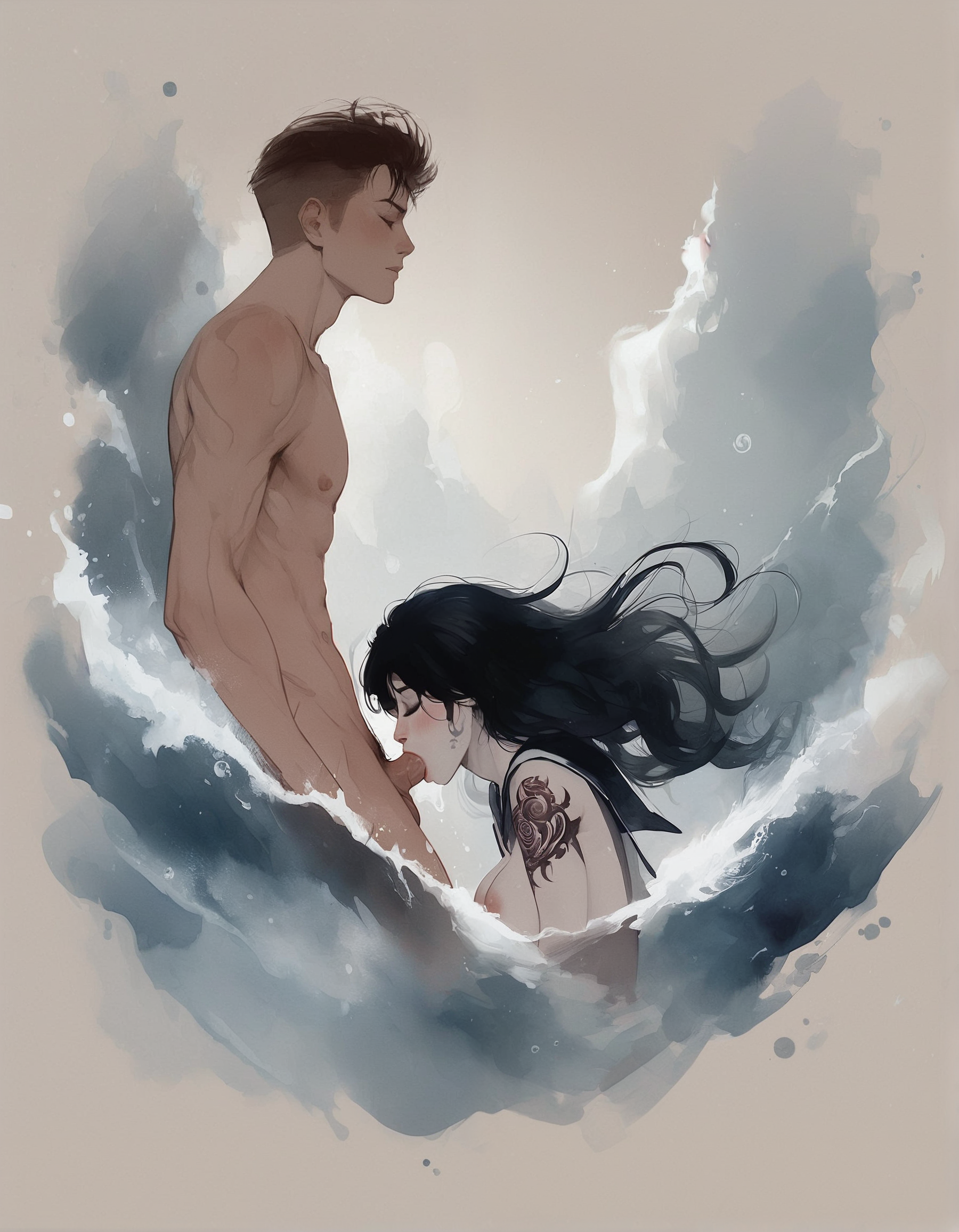 score_9_up, score_8_up, score_7_up, score_6_up, score_5_up, water color painting, 1girl, 1boy, full body, mermaid sucking the penis of the sailor, deepthroat, side view, sailor holding mermaids head, messy black hair, perfect body, large breasts, large nipples, closed eyes, pale white skin,  gothic tattoos and make-up, sailor sitting at a concrete ledge, mermaid diving out of the dark ocean, leaning between man's legs, waves, heavy rainfall, dark grey storm clouds, dark atmosphere, rough canvas