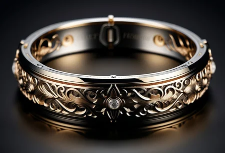 Jewelry photography, cartier style, highly detailed product photo, keyshot product render
BREAK
Beautiful photo of closed collar engraved with titanium filigree, laying on a table,
BRSAK
Black background