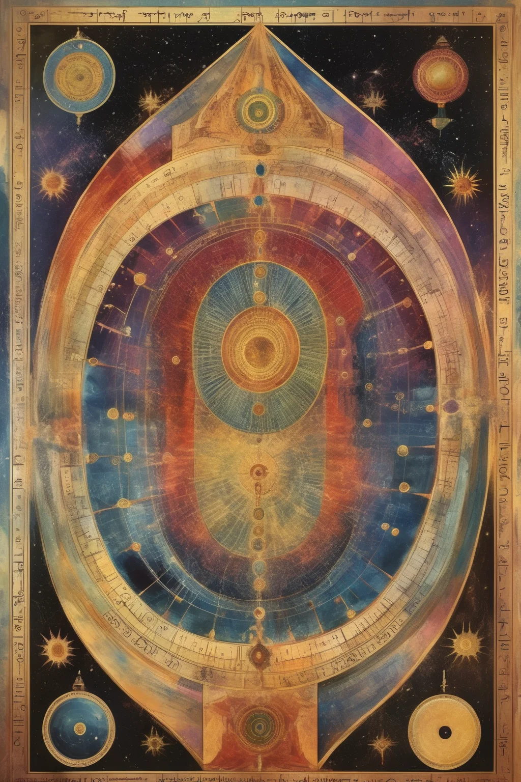 <lora:Paul Laffoley Style:1>Paul Laffoley Style - Create a visionary artwork that represents the Qutb as a cosmic axis in Sufism, connecting the spiritual and physical realms. The artwork should visualize the concept of the Qutb as a conduit for divine energy and guidance, uniting the earthly and celestial spheres. The composition should use abstract, geometric shapes, and a vibrant color palette to convey the idea of interconnectedness and the flow of spiritual energy between the realms.