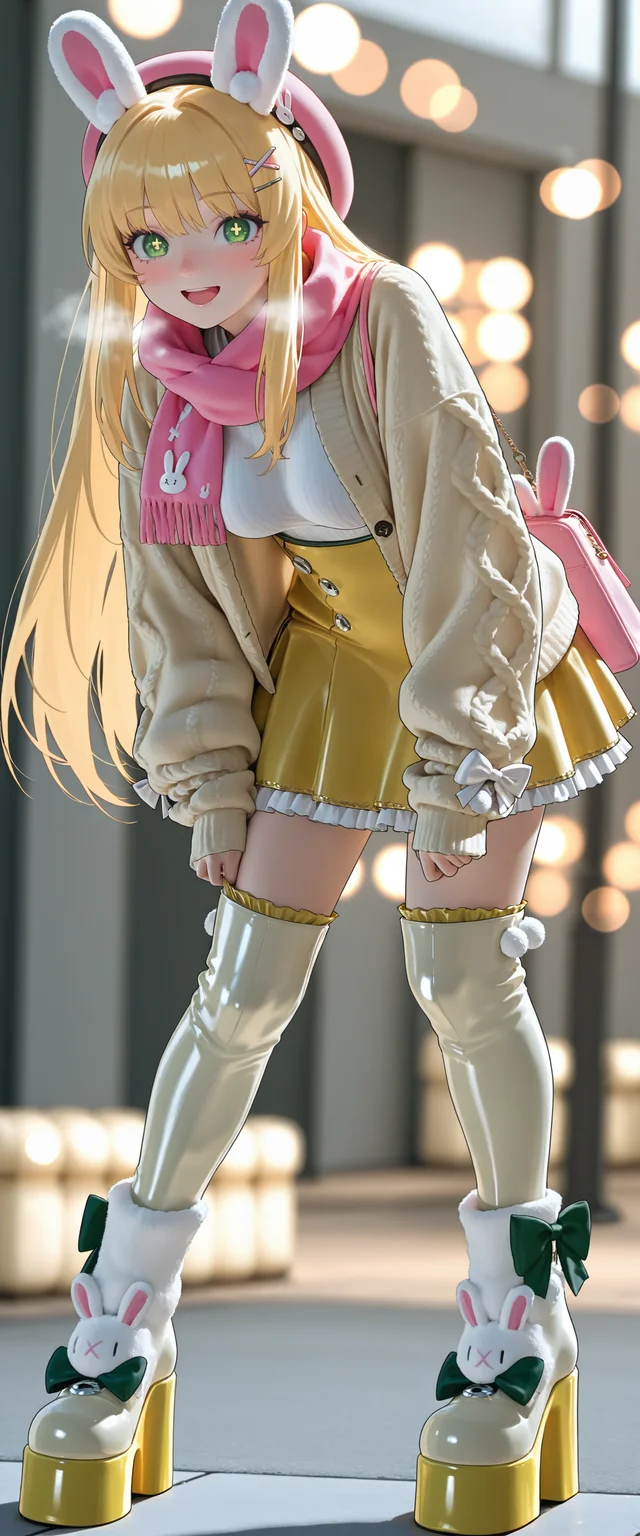 (best quality, masterpiece, depth of field, blurry, illustration, bokeh, incredibly_absurdres, dutch_angle)
(Bunf0rms, fake_rabbit_ears, ikoi_momoa rabbit
highres 1girl :d bag beret blonde_hair blush bow breath cable_knit cardigan cowboy_shot cross-shaped_pupils dot_nose frilled_skirt frills green_bow green_eyes hair_ornament hairclip hat_bow high-waist_skirt holding_bag (rabbit yellow_shoes platform_shoes) leaning_forward long_eyelashes long_hair long_sleeves thigh_boots medium_breasts open_mouth pink_bow pink_hat pink_scarf pom_pom_(clothes) scarf scarf_pull sleeve_bow sleeves_past_wrists smile solo symbol-shaped_pupils very_long_hair white_shirt x_hair_ornament yellow_cardigan yellow_skirt)