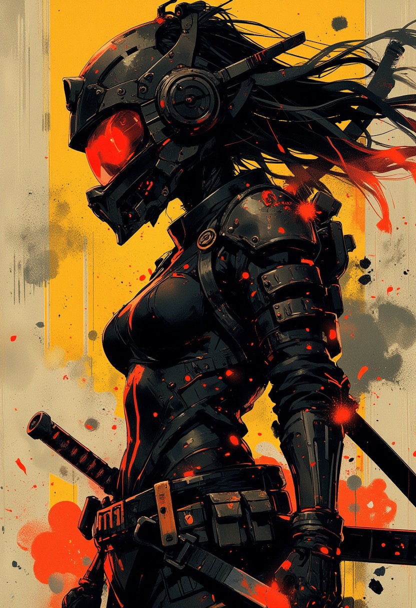 in the style of ck-mgs, nistyle, Special Ink-drawing mode, intricate linework with expressive contrasts, Mh1$AgThS2, Inkplash art on rice paper, sepia, henna , Silhouette Art, magnificent, inksplash closeup portrait of erotic, sexy asian female cyberpunk samurai, helmet with mirrored visor, hyperdetailed helmet, flowing black hair, reflective black and neon red armor, a katana strapped to her back, abstract background suggesting eastern temple