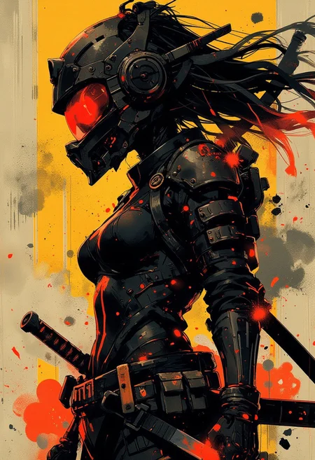 in the style of ck-mgs, nistyle, Special Ink-drawing mode, intricate linework with expressive contrasts, Mh1$AgThS2, Inkplash art on rice paper, sepia, henna , Silhouette Art, magnificent, inksplash closeup portrait of erotic, sexy asian female cyberpunk samurai, helmet with mirrored visor, hyperdetailed helmet, flowing black hair, reflective black and neon red armor, a katana strapped to her back, abstract background suggesting eastern temple