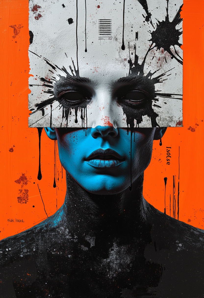 An oil painting in orange, blue, black, and white colors, depicting a waist-up portrait of a creature with a strange, flat mask that has no visible face. The mask is cracked and weathered, with black liquid oozing through the fissures, adding a sinister and unsettling effect. The creature's form is partially obscured by the abstract and textured mask, which contrasts sharply with the background colors. The painting captures the eerie and mysterious nature of the creature, with the cracked mask and flowing black liquid enhancing its dark, enigmatic presence. <lora:Glitchcore_Flux:0.7> gl1tchc0re, glitch, chromatic aberration  <lora:Wiz-The_Grit:0.45> gritty minimalism, In the corner there is a small inscription "fÃ¼ck hue", like the authorâs signature.