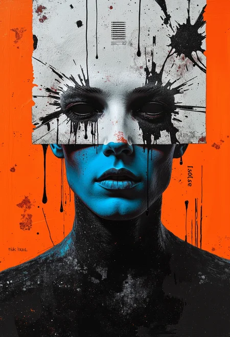 An oil painting in orange, blue, black, and white colors, depicting a waist-up portrait of a creature with a strange, flat mask that has no visible face. The mask is cracked and weathered, with black liquid oozing through the fissures, adding a sinister and unsettling effect. The creature's form is partially obscured by the abstract and textured mask, which contrasts sharply with the background colors. The painting captures the eerie and mysterious nature of the creature, with the cracked mask and flowing black liquid enhancing its dark, enigmatic presence. <lora:Glitchcore_Flux:0.7> gl1tchc0re, glitch, chromatic aberration <lora:Wiz-The_Grit:0.45> gritty minimalism, In the corner there is a small inscription "fück hue", like the authorâs signature.