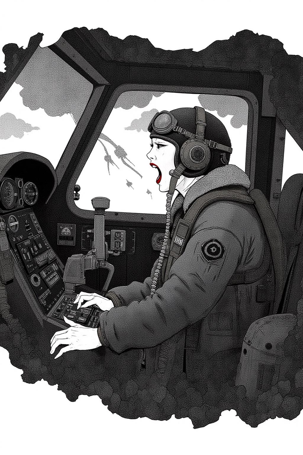kchiba1 illustration. 
A female pilot screaming inside the cockpit of a WWII bomber. The pilot, wearing a vintage leather flight helmet with goggles and a bomber jacket, grips the controls with white-knuckled hands. Her face is contorted in a mix of fear and determination as she yells, her eyes wide with adrenaline. The cockpit is cramped and filled with old-fashioned dials and gauges, with the outside view showing dark stormy clouds and distant anti-aircraft fire. The background is stark white  
 <lora:kchiba1_cap_d6a3:1.0><lora:837667417850236014:0>