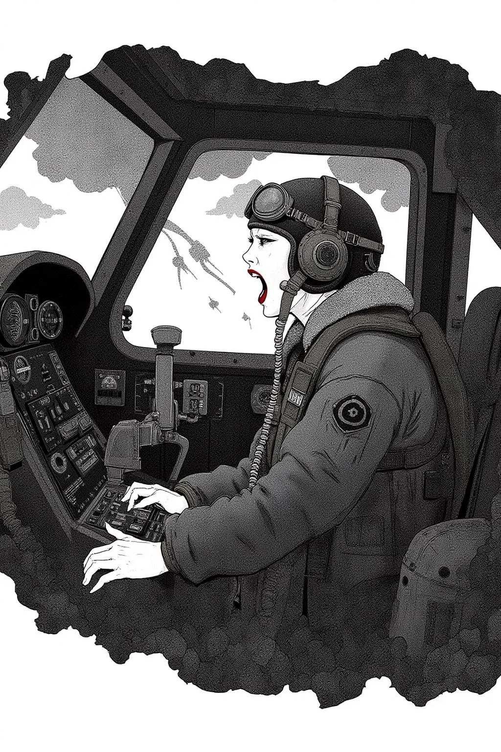 kchiba1 illustration. 
A female pilot screaming inside the cockpit of a WWII bomber. The pilot, wearing a vintage leather flight helmet with goggles and a bomber jacket, grips the controls with white-knuckled hands. Her face is contorted in a mix of fear and determination as she yells, her eyes wide with adrenaline. The cockpit is cramped and filled with old-fashioned dials and gauges, with the outside view showing dark stormy clouds and distant anti-aircraft fire. The background is stark white  
 <lora:kchiba1_cap_d6a3:1.0><lora:837667417850236014:0>