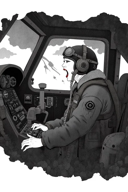 kchiba1 illustration.
A female pilot screaming inside the cockpit of a WWII bomber. The pilot, wearing a vintage leather flight helmet with goggles and a bomber jacket, grips the controls with white-knuckled hands. Her face is contorted in a mix of fear and determination as she yells, her eyes wide with adrenaline. The cockpit is cramped and filled with old-fashioned dials and gauges, with the outside view showing dark stormy clouds and distant anti-aircraft fire. The background is stark white
<lora:kchiba1_cap_d6a3:1.0><lora:837667417850236014:0>