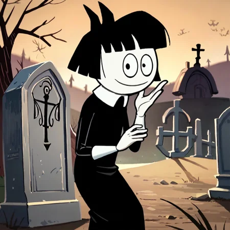score_9, score_8_up, score_7_up BREAK CrepSus, 1girl, black hair, black bob cut, blunt bangs, black eyes, pale skin, white-collared long black dress, long white cuffs, smiling at viewer, night graveyard background, nightly cemetery outdoors,