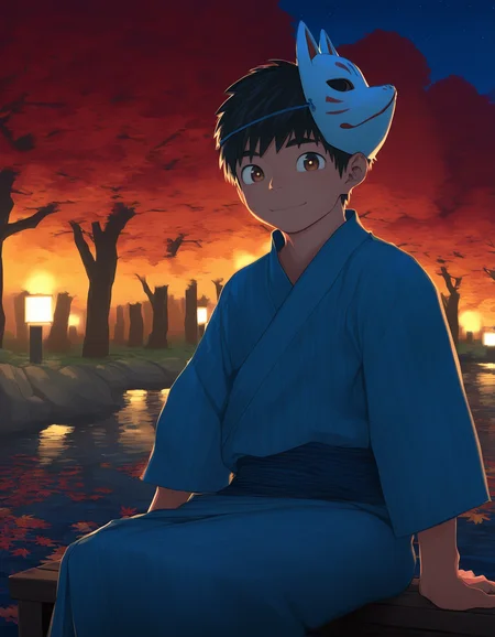 masterpiece, shounenzoom-style, 2020s, outdoors, night sky, moonlight, dark, backlighting, creek, rocks, autumn leaves, 1boy, solo, black hair, brown eyes, closed mouth, smile, looking at viewer, japanese clothes, yukata, sitting on bench, fox mask on head <lora:shounen_zoom-naixl_vpred-v7Nd-ShoAI:1>