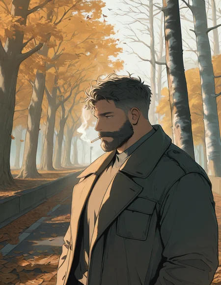 1boy,solo,beard,male_focus,mature,bara,Autumn,fallen leaves,birch tree,messy hair,dim light,street light,smoke effect,Coat,Clothes blown by the wind,Cigarette,smoking,
masterpiece,best quality,amazing quality,very aesthetic,absurdres,newest,
<lora:add-detail-xl:1>,<lora:pas-ill-v2:1>,pas,