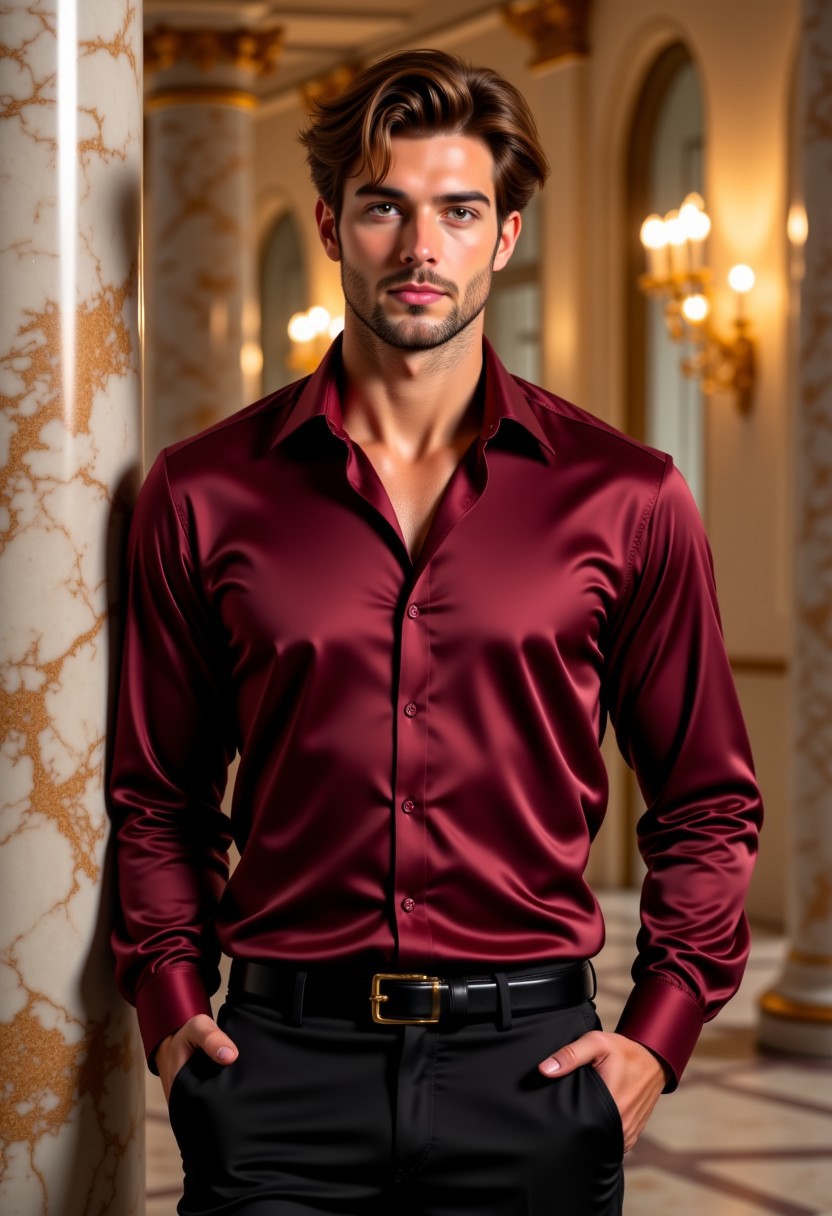A semi-realistic masterpiece of the highest quality and exquisite detail, depicts a dashing man with a strong jawline. His wavy chestnut-brown hair falls gracefully over his forehead, complementing his warm, inviting chocolate-brown eyes. He wears a burgundy silk shirt, half-unbuttoned to reveal a hint of his toned chest, paired with black tailored pants. The man is leaning casually against a marble pillar in a grand ballroom, its gilded edges enhancing the opulence of the setting.