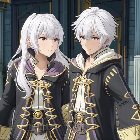 RobinFEXL, 1boy 1girl, white hair, wizard, , (anime, masterpiece, intricate:1.3), (best quality, hires textures, high detail:1.2), (4k),(incredibly detailed:1.4),UHD, 8K, ultra detailed <lora:RobinFEXL:.9>