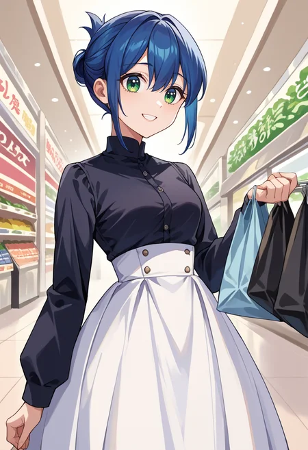 score_9, score_8_up, source_anime, 1girl, solo, KanokoMamiya, green eyes, blue hair, short hair, folded ponytail, high-waist skirt, long skirt, white skirt, black shirt, long sleeves, smile, standing, indoors, shopping mall, <lora:ChamKanokoMamiyaPonyXL:1>