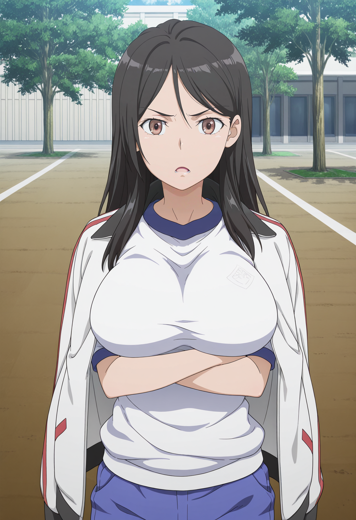 1girl,solo,mm,mature female,black hair,long hair,brown eyes,large breasts,anime coloring,
gym uniform,track jacket,white shirt,gym shorts,jacket on shoulders,crossed arms, standing,looking at viewer, light frown, open mouth, outdoors
,masterpiece,best quality,amazing quality,<lora:Seiri_Fukiyose-Toaru_Majutsu_no_Index_IL:0.8>