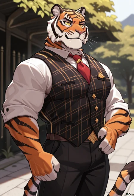 best quality, newest, absurdres, highres, 1boy, solo,Anthro,Anthro,tiger,Oscar,yellow sclera,black pupil,orange fur,black marks,muscular male,tiger ears,upperbody,outdoors,vest,black pants