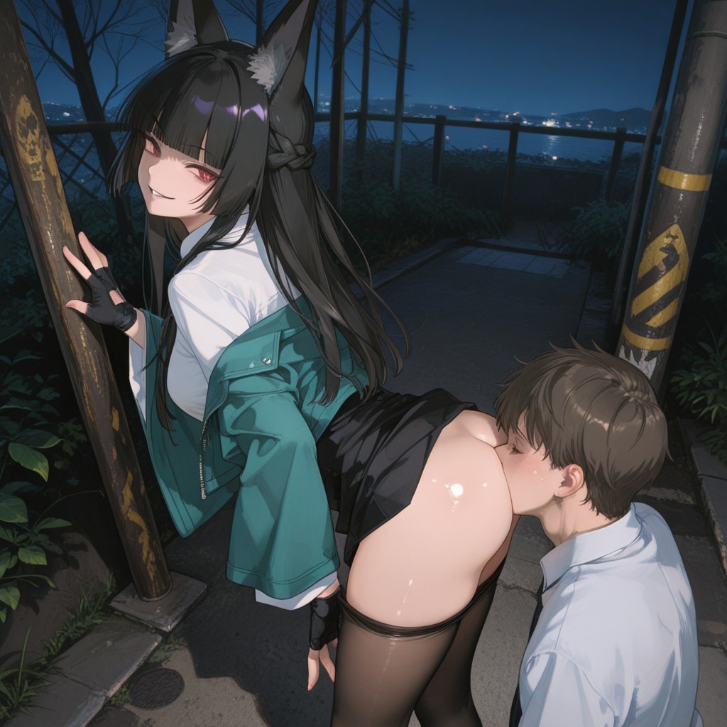 absurdres, masterpiece, best quality, very aesthetic, anime, HDR, 8K, ultra-detailed, 748cmstyle, face in ass, femdom, forced, hetero, outdoor, night, , forced anilingus, implied anilingus, from above,
1girl (Miyabi, long hair, bangs, black hair, red eyes, animal ears, braid, blunt bangs, fox ears, animal ear fluff, kirt, gloves, long sleeves, jacket, white shirt, pantyhose, black gloves, collared shirt, wide sleeves, fingerless gloves, black skirt, high-waist skirt, skirt hiked up, tights pulled down, skindentation, shiny skin, skinny, evil smile),
BREAK
1boy (submissive boy, his face in ass )