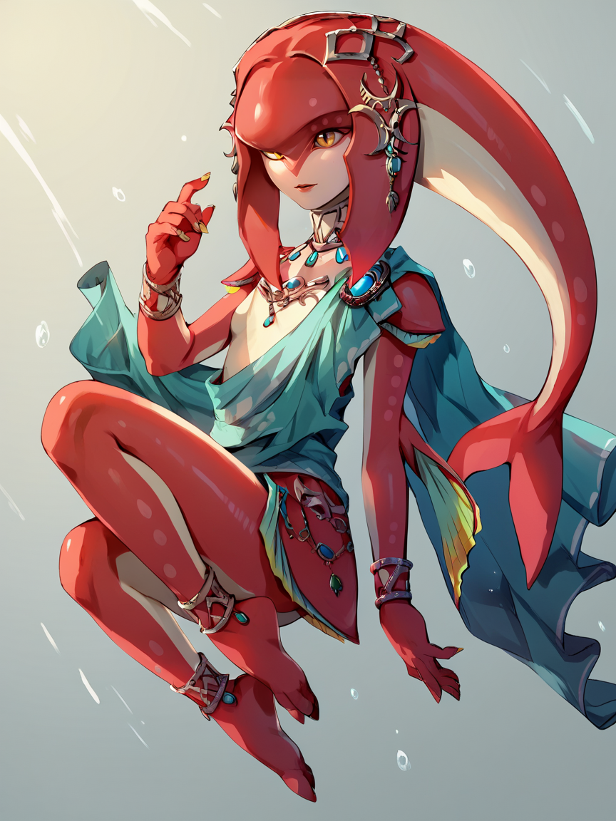 score_9, score_8_up, score_7_up, score_6_up, score_5_up,   <lora:miphaXLP:1> mipha, 1girl, zora, red skin, solo, yellow eyes, anklet