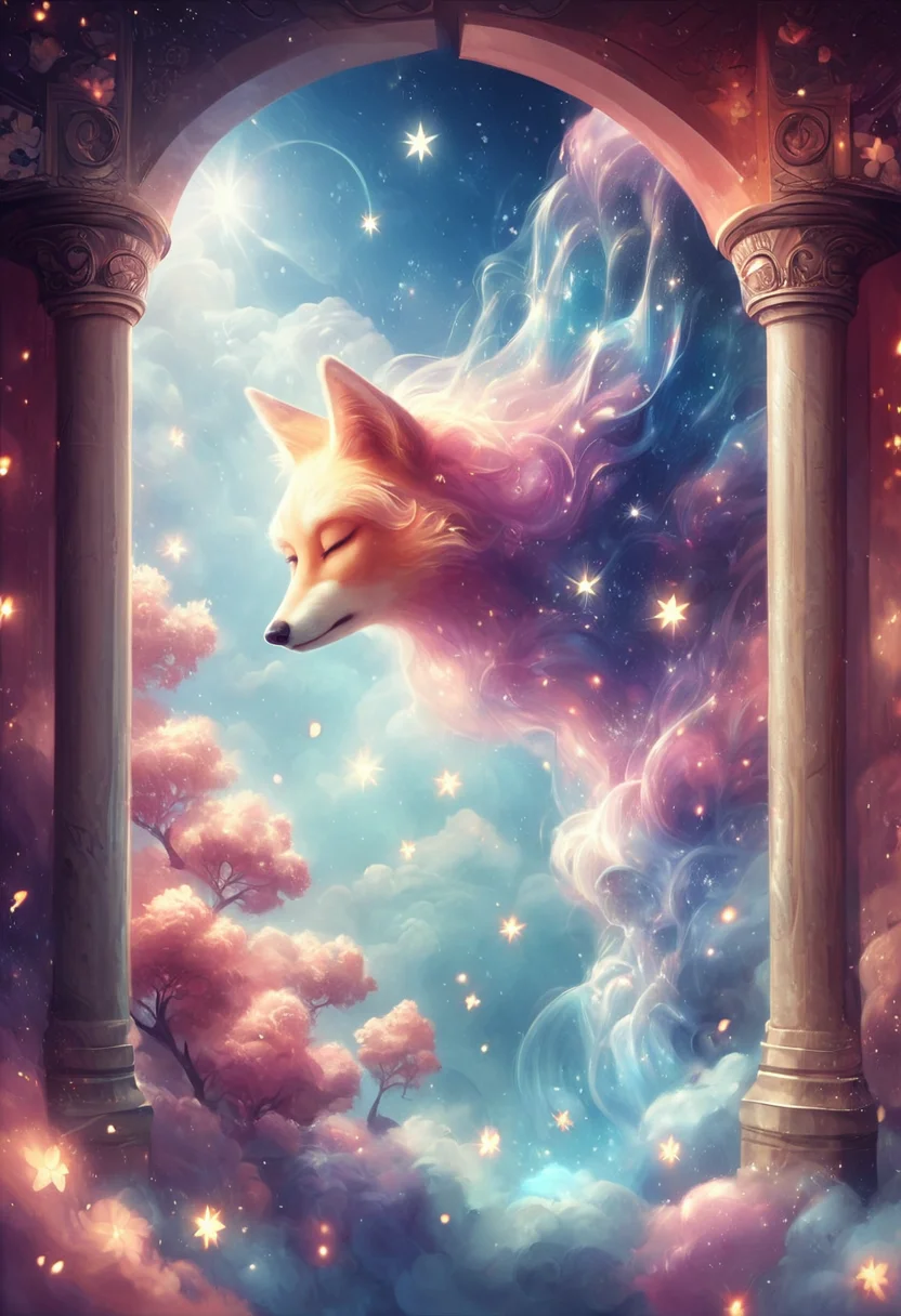 <lora:Dreamstar_Pony:1>,
score_9, score_8_up, score_7_up, score_6_up, dreamstar, fox, ancient shrine with tall pillars, soft rainbow light filtering through, sleeping peacefully on a sea of floating dreamstars, galaxies and stars in the sky above, soft twilight atmosphere, side view, calm and serene mood, magical and ethereal setting