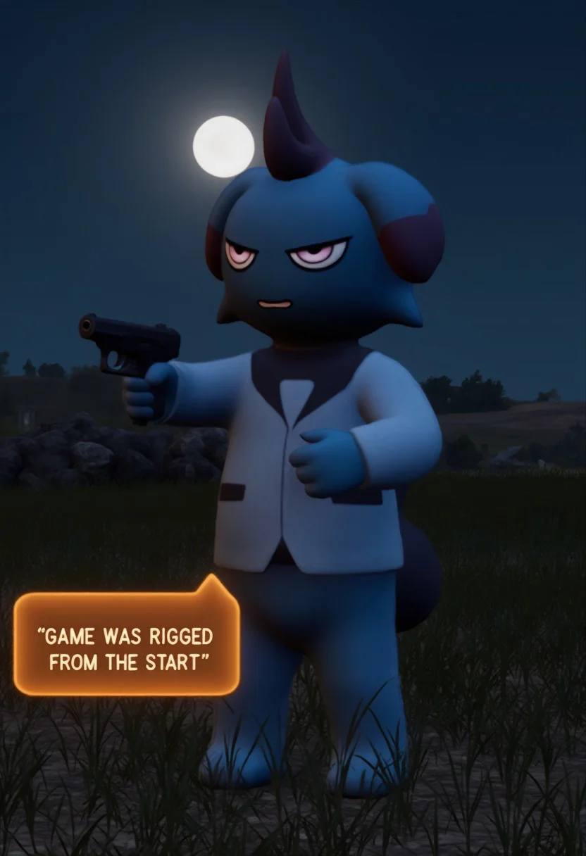 Videogame screenshot, front view. Night in a barren field, moon in the background. Depresso is holding a pistol and aiming at viewer. Depresso looks at viewer with evil grin and is wearing fancy white suit, white jacket, white pants. There is a dialogue box with orange trim that has text "GAME WAS RIGGED FROM THE START"