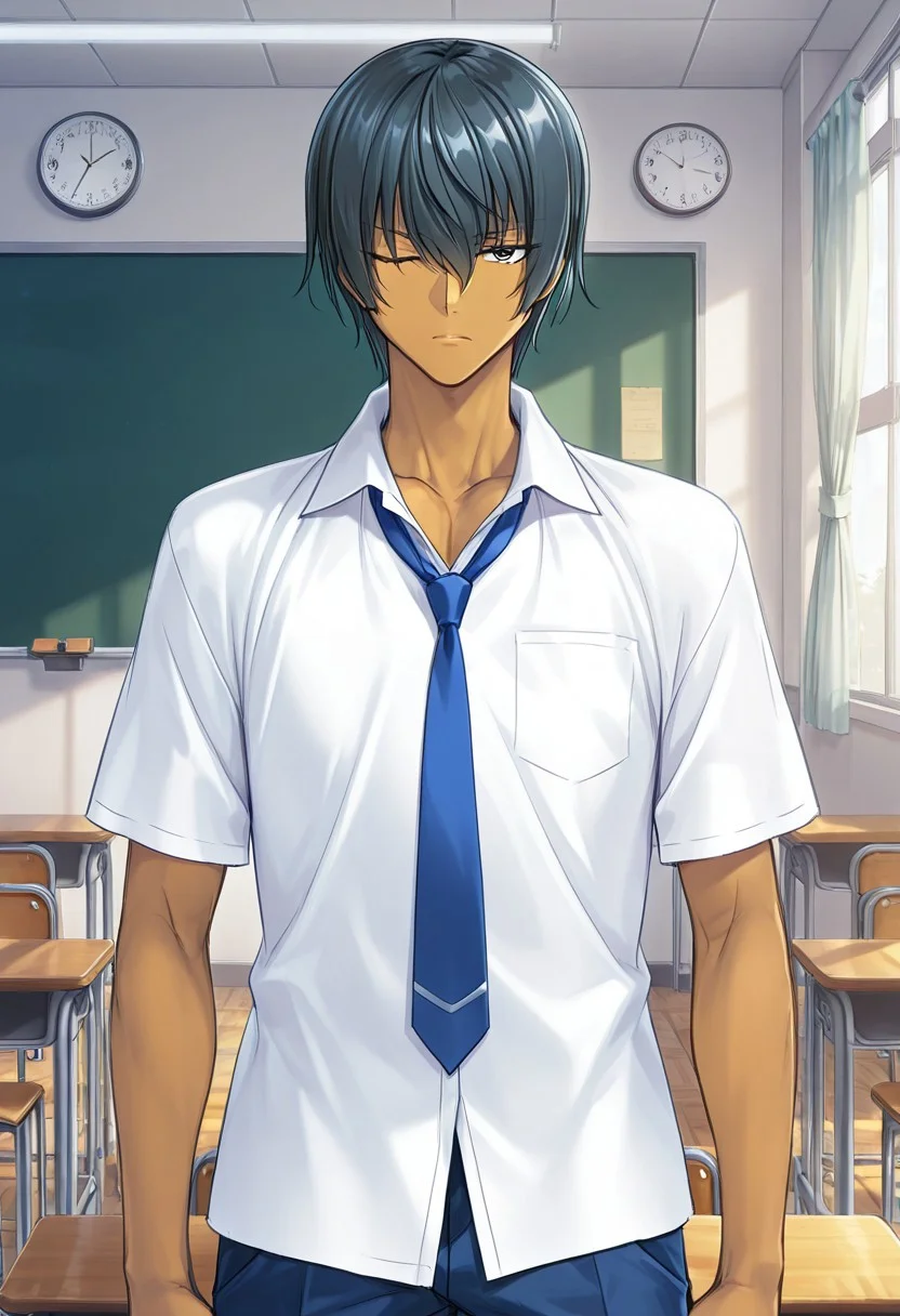 score_9,score_8_up,score_7_up,source_anime,5_figner,2d_animation,game cg,BREAK,1boy,solo,closes right eye,
Fuuma Kotarou,short hair,black hair,dark-skinned male,toned,
school uniform,blue necktie,blue pants,white shirt,
cowboy shot,bored
front view,standing,looking at viewer,
Classroom,blackboard,desk,chair,window,curtain,clock,
masterpiece,best qualit,ultra-detailed,illustration,an extremely delicate and beautiful,beautiful detailed eyes,unity 8k wallpaper,high resolution,anime CG,official_art,