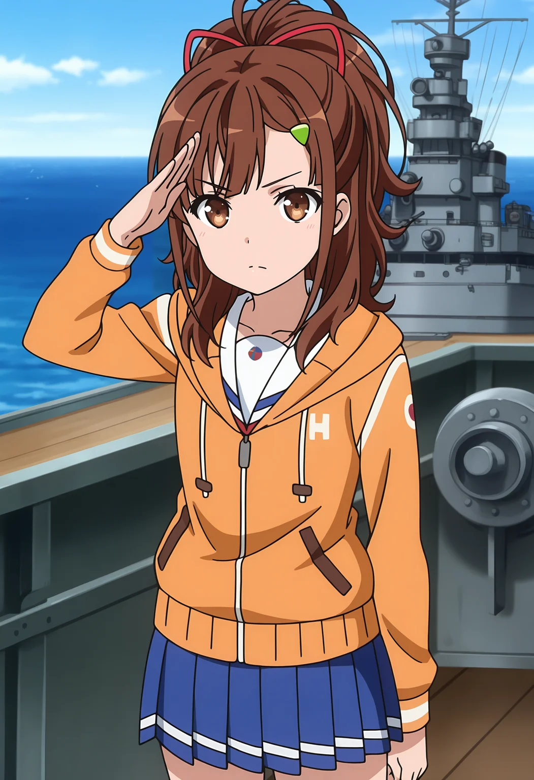 anime screencap, masterpiece, best quality,
<lora:HighSchoolFleet_IrizakiMei_IlluXL:0.9>,
1girl, solo, serious,
high ponytail, long hair, brown hair, brown eyes, hairclip, hair ornament,
white sailor collar, orange jacket, long sleeves, pleated skirt, blue skirt,
salute, standing, looking at viewer, cowboy shot,
horizon, dock, outdoors, battleship, warship, blue sky, blurry background