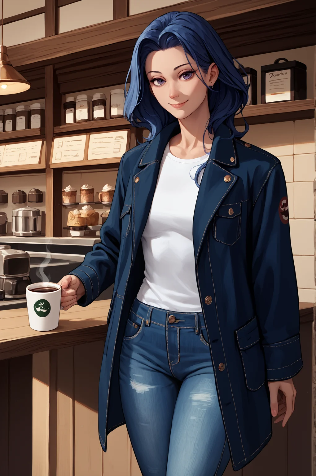 score_9, score_8_up, score_7_up, score_6_up, score_5_up, score_4_up, (high quality, detailed, beautiful) <lora:Mauve_epoch_10:1> mauve_acca, cowboy_shot, facing_viewer, smile, coffee_cup, cafe, jeans, coat, white_shirt,