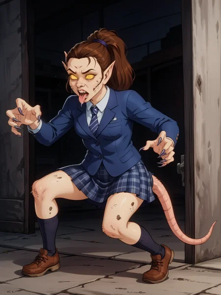 core_9, score_8_up, score_7_up,  high quality, 1girl, solo, <lora:100_ratrot_pdxl:1>  ratrot,   brown hair,  pony tail, forehead schoolgirl, blue blazer, plaid skirt, knee socks, rat tail, stalking hunched over,rr_nose, rr_teeth, rr_pointed_ears, bad skin, hairy, warty, legs apart, knees bent, back bend, (no humans), transformation, torn dress, furrowed brow, narrow eyes, open mouth, glowing eyes, evil, tongue out, drooling, sharp nails pouncing, attacking viewer