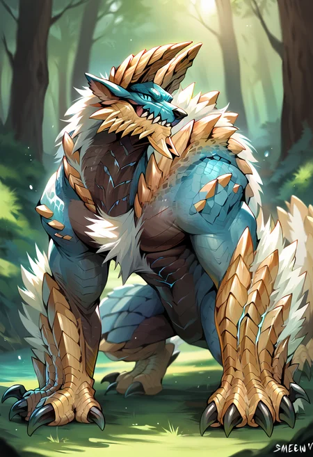 <lora:MH_Zinogre_a1_21_PonyXL-000004>,<lora:PDXL_artist_tags_v2:0.8>,score_9,score_8_up,score_7_up,source_furry,zinogre,feral,by smewed,(by claweddrip:0.5),solo,hi res,detailed background,forest,
(chin spikes:1.3),slit pupils,looking at viewer,extreme detail,dynamic lighting,cinematic lighting,detailed eyes,tail,blue scales,tan scales,blue eyes,