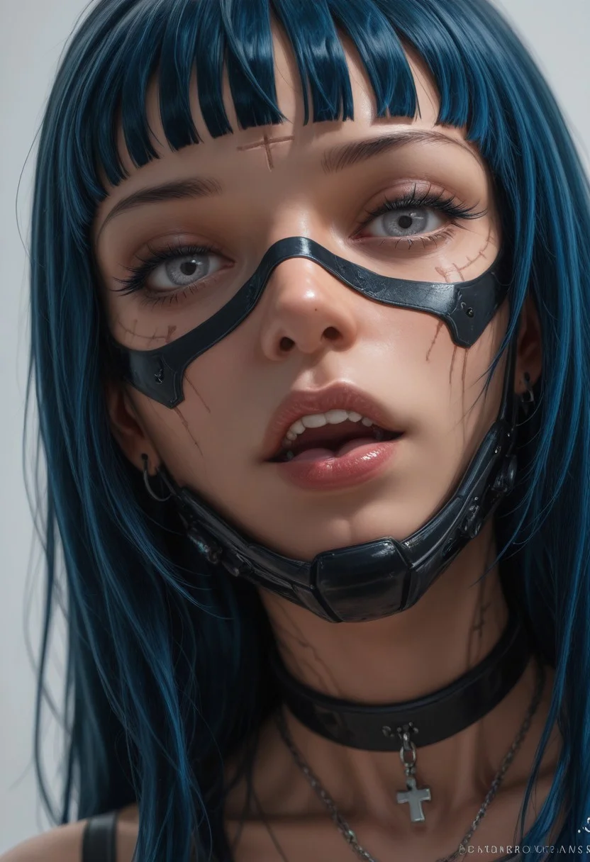 ((seductive, realistic, 3D, pinup, pinup_\(style\), science fiction, cyberpunk, portrait, cowboy_shot, blurry, bokeh, best quality, dutch angle, depth of field))
((Dre4mingDe4th, 1girl, (((solo:1.4))), long_hair, looking_at_viewer, open_mouth, bangs, blue_eyes, simple_background, black_hair, photoshop_(medium), original, brown_eyes, jewelry, upper_body, earrings, white_hair, parted_lips, choker, tongue, teeth, artist_name, signature, dark blue hair, necklace, black_eyes, grey_background, long_hair, mole, dated, collar, lips, english_text, shiny_skin, grey_eyes, eyelashes, makeup, mask, tattoo, chain, shadow, watermark, fangs, upper_teeth, lipstick, cross, ring, piercing, web_address, close-up, portrait, ear_piercing, forehead, zipper, reflection, third-party_edit, freckles, realistic, nose, blindfold, gag, mouth_mask, red_lips, facepaint, leather, stitches, body_writing, 3d, surgical_mask, mascara, cyberpunk, nose_piercing, tongue_piercing, lip_piercing))