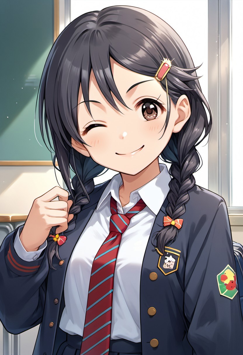 score_9, score_8_up, score_7_up, source_anime, miyoshi sana, twin braids, black hair, brown eyes, 1girl, solo, one eye closed, hair ornament, hairclip, necktie, braid, smile, long hair, school uniform, jacket, shirt