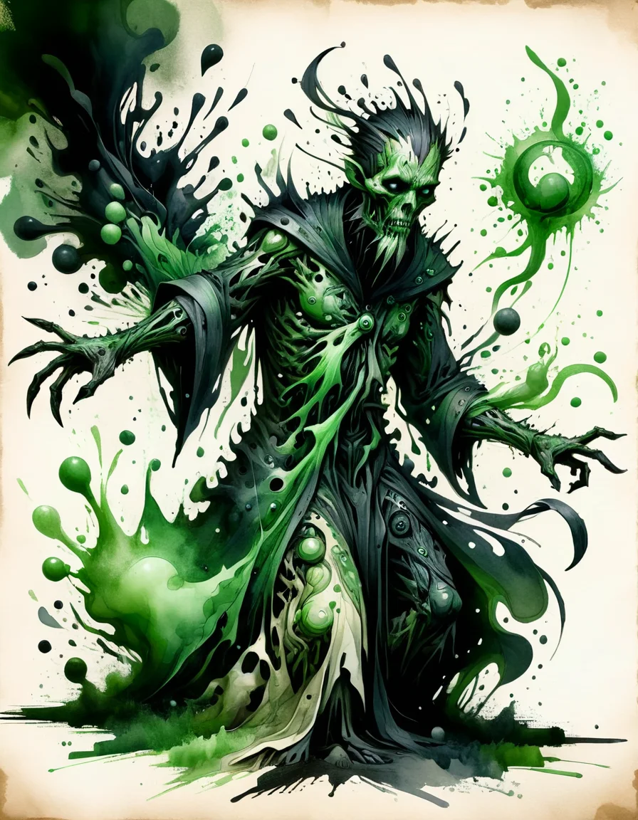 black ink and green watercolor on parchment, plague priest using mystical power, deformed, sick body, chaotic mutations <lora:ral-dstgrtptrn-sdxl:1> made out of ral-dstgrtptrn