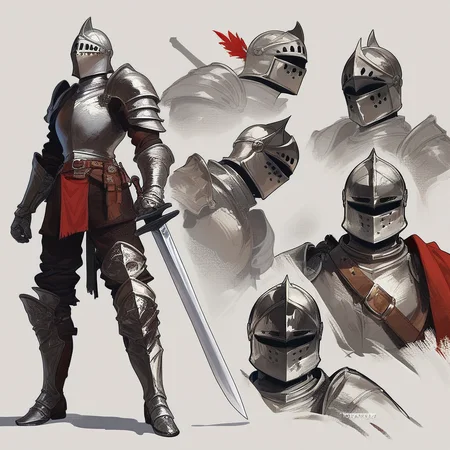 score_9, score_8_up, score_7_up, score_6_up, dynamic character design, 1boy, 22 year old, male focus, knight, helmet/mask, wielding sword, athletic build, armor, boots, belt, perfectly balanced design, serious, sunlight, standing, in a dark fantasy city, random pose, multiple views, random views, concept art, simple background
