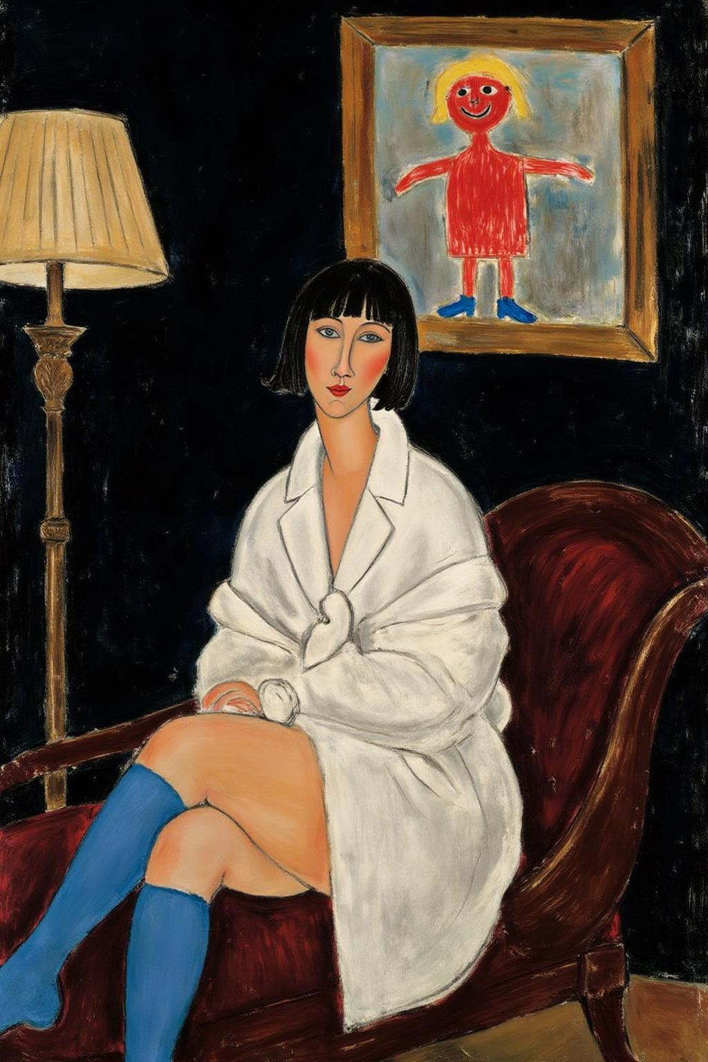 amedeomodigliani1 painting. 
A woman seated on an antique, dark wooden chaise longue. The woman has black, straight hair styled in a bob. She is dressed in a white, oversized coat with voluminous sleeves that are tied in a dramatic, asymmetrical knot. Her outfit is complemented by bright, vivid blue, knee-high socks. She is seated with her legs crossed. The background is a deep, dark black. To her left, there is a tall, ornate lamp with a beige, pleated shade. Above her, on the dark wall, hangs a classical painting--except, instead of a traditional scene, it is a crayon drawing, done by a child. The crayon drawing features a simple stick figure with a round head, straight lines for arms and legs, and a big smile. The drawing is childishly colorful, with bright red for the body, yellow for the hair, and blue for the shoes. The figure's eyes are represented by two large dots and the smile by a curved line 
  <lora:amedeomodigliani1_cap_d6a3e8:1.0><lora:847314024977691904:0>