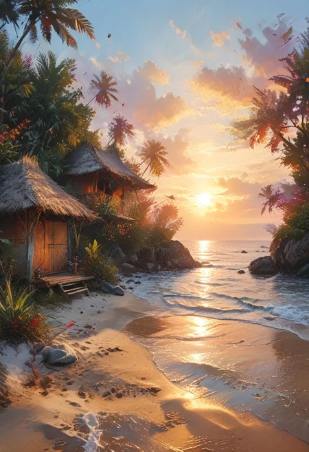 A stunning sunset over a picturesque beach in Indonesia. The sky is painted with vibrant hues of orange, pink, and purple, casting a warm, golden glow across the landscape.
Thebeach sand is a soft, powdery white, framed by tall, swaying palm trees that stretch towards the horizon. In the distance, the ocean is a deep blue, sparkling in the fading light. People of various ethnicities are scattered across the beach, some taking leisurely strolls, others playing games or simply enjoying the peaceful atmosphere. Traditional Indonesian huts, made of bamboo and thatched roofs, line the shore, adding a touch of local flavor to the scene. The air is filled with the aroma of grilling satay, and the sound of laughter and music drifts through the breeze.