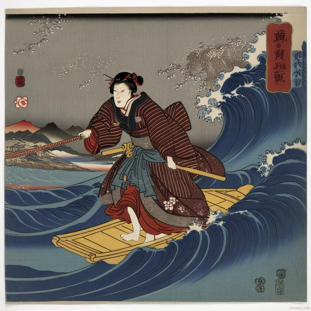 utagawakuniyoshixl, a woman in a kimono dress riding a wave <lora:UtagawaKuniyoshiXL_v1:1>