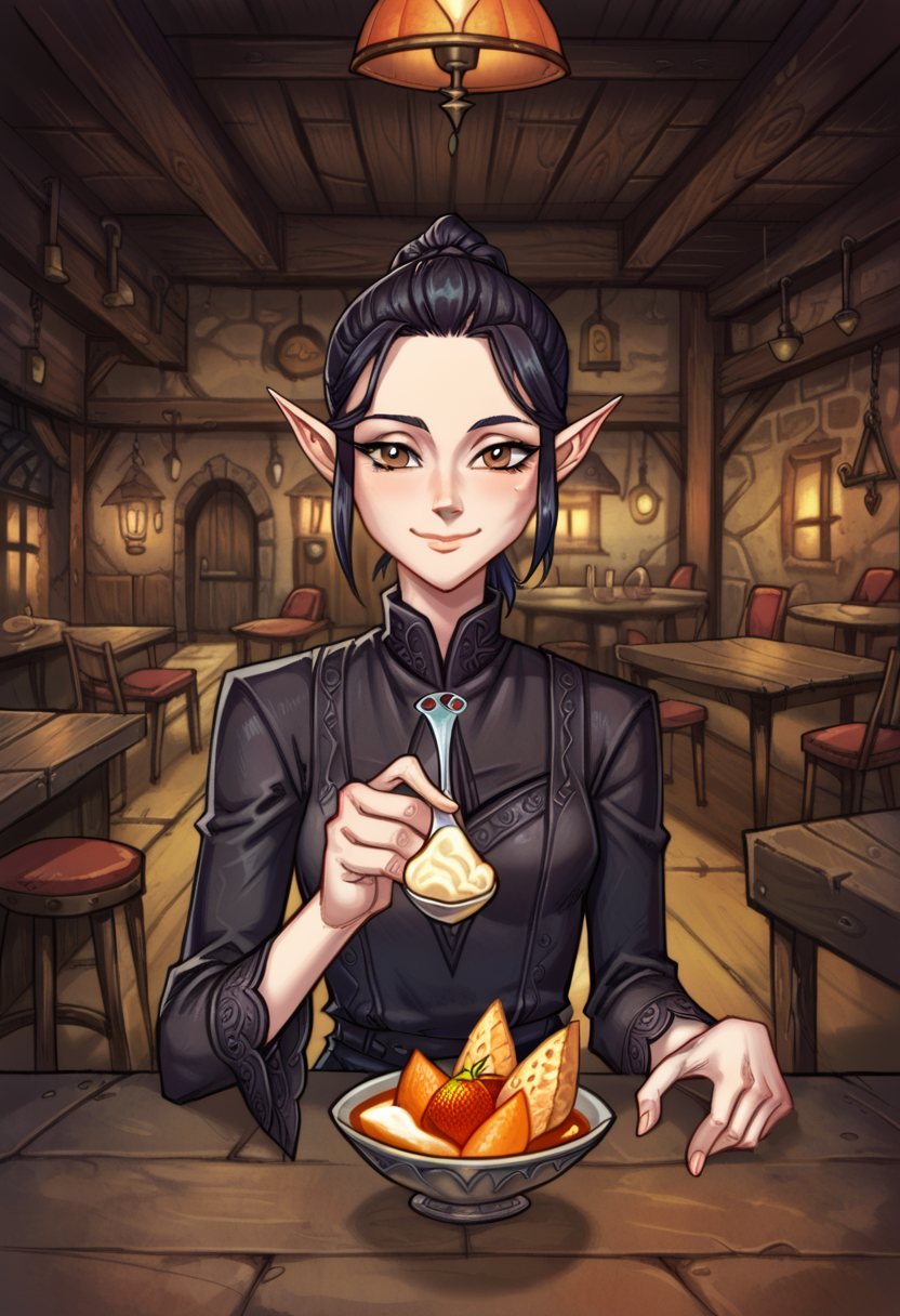 score_9, score_8_up, score_7_up, 1girl, solo, SulfS-S3B1LL3,
pointy ears, black hair, short hair, low ponytail, brown eyes,
skinny, tall,
black dress, smiling, tavern,
<lora:Sebille_Kaleran_Divinity_Original_Sin_2-000003:0.7>, <lora:IncomingFood_pdxl_Incrs_v2:1> incoming food, (holding spoon), pov across table, upper body,  <lora:egerkrans:1> 3g3rkr4ns