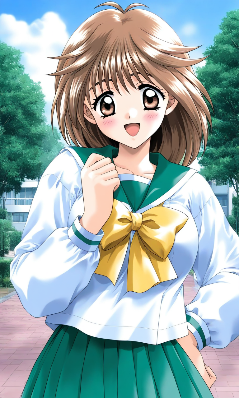 general,highres, ultra-detailed,very aesthetic,best quality ,best hands, BREAK <lora:Mochida_Mahoko_kakyuusei_Ver2.0_IS:1>
Mochida_Mahoko(kakyuusei), 1girl, solo, brown hair, brown eyes, medium hair, bangs, large breasts, 
white shirt, Yellow bow, open mouth,
school uniform, outdoors, tree, serafuku, bow, blush, smile, day, 
long sleeves, looking at viewer, green skirt, sky, pleated skirt, upper body, hand on hip,