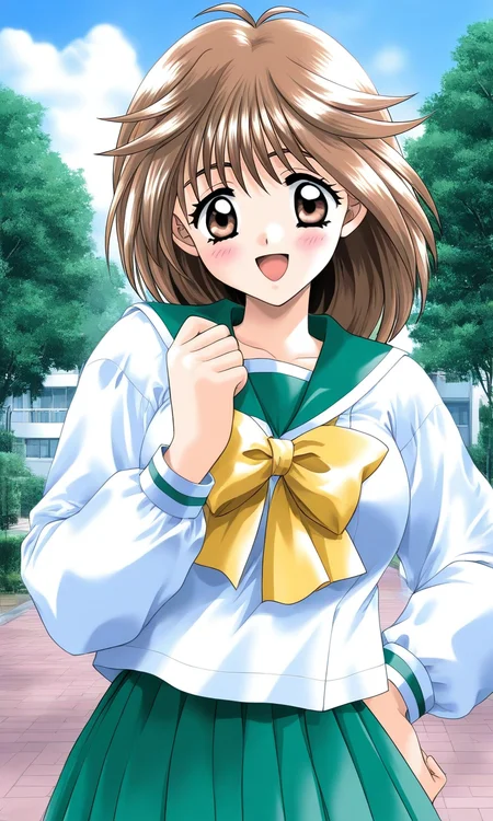 general,highres, ultra-detailed,very aesthetic,best quality ,best hands, BREAK <lora:Mochida_Mahoko_kakyuusei_Ver2.0_IS:1>
Mochida_Mahoko(kakyuusei), 1girl, solo, brown hair, brown eyes, medium hair, bangs, large breasts,
white shirt, Yellow bow, open mouth,
school uniform, outdoors, tree, serafuku, bow, blush, smile, day,
long sleeves, looking at viewer, green skirt, sky, pleated skirt, upper body, hand on hip,
